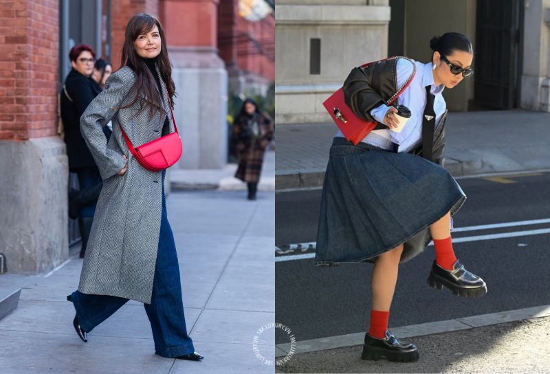 Phối túi xách màu đỏ cùng outfit trung tính là công thức đơn giản, an toàn nhưng luôn mang lại hiệu quả thẩm mỹ cao