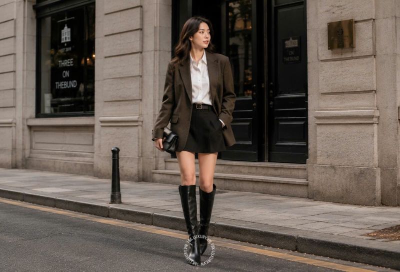 Boot cổ cao phối áo sơ mi, Blazer và chân váy ngắn