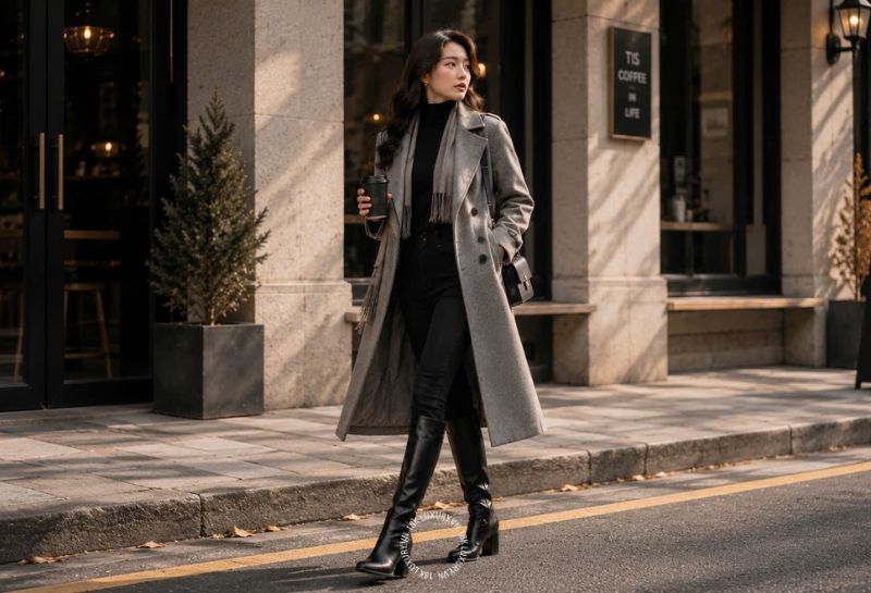Phối đồ với giày Boot nữ cổ cao cùng áo khoác dạ và quần Skinny