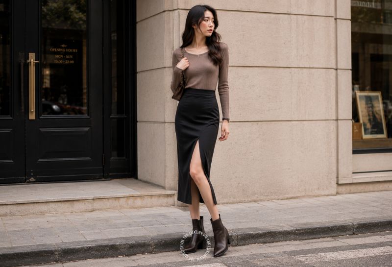 Boot cổ thấp phối chân váy Midi xẻ tà và áo ôm