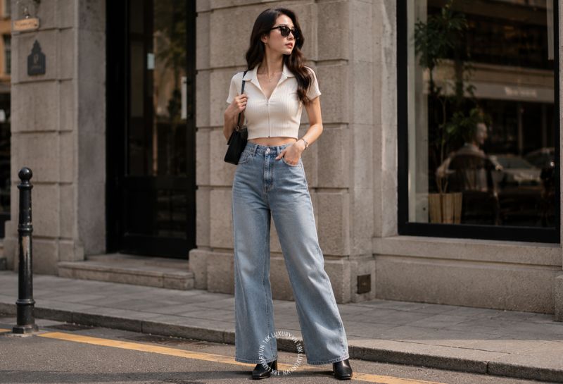 Boot cổ thấp phối quần jeans ống rộng và áo dáng ngắn