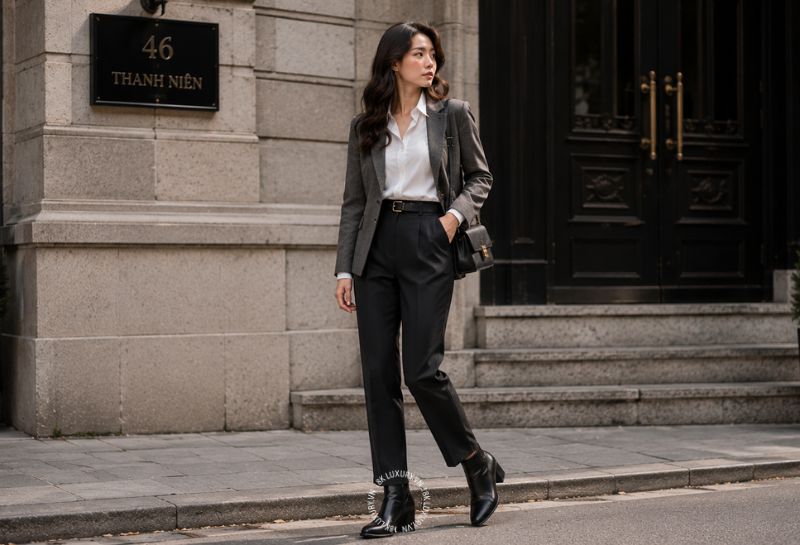Boot cổ thấp phối quần tây và Blazer