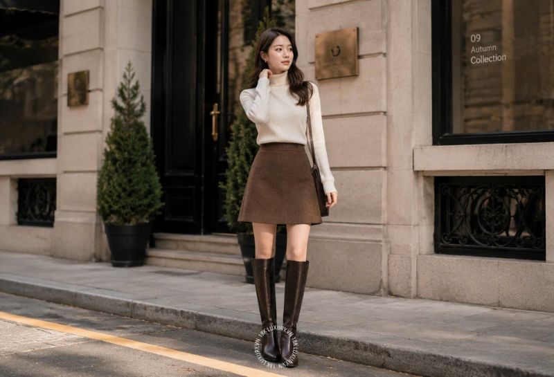 Boot ngang gối phối áo len cổ lọ và chân váy chữ A