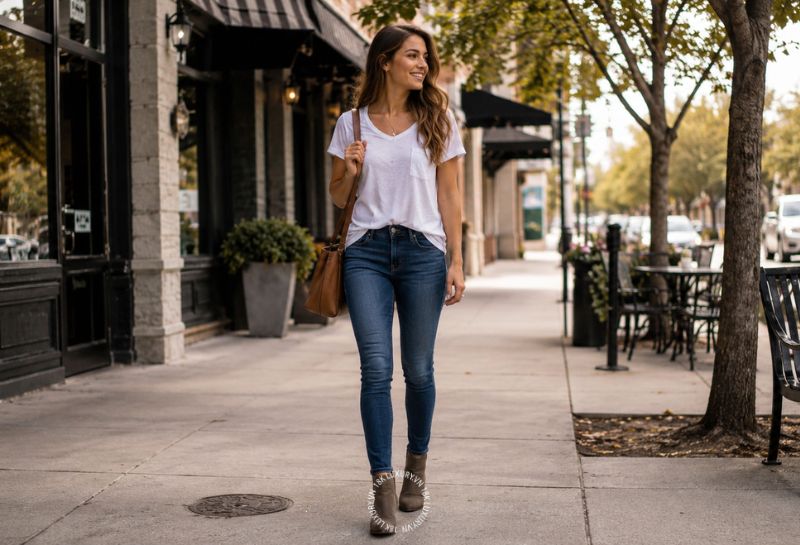 Boot cổ thấp phối quần jeans Skinny và áo thun