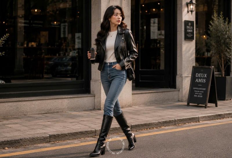 Phối đồ với giày Boot nữ cổ cao cùng áo khoác da và quần Jean