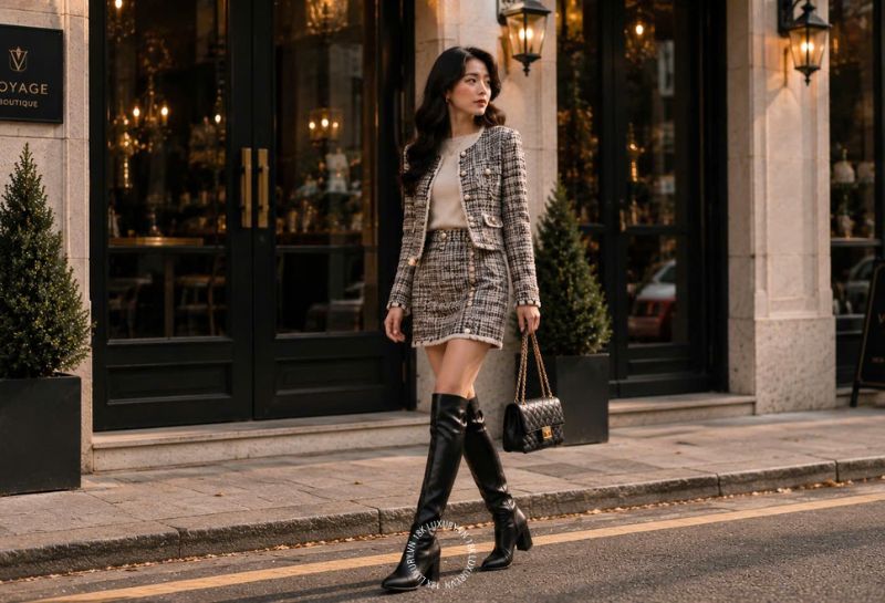 Phối đồ với giày Boot nữ cổ cao cùng bộ đồ dạ Tweed