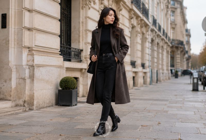 Boot cổ thấp phối áo Trench Coat hoặc áo măng tô