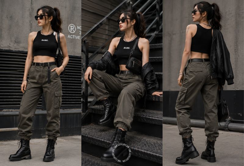 Combat Boots cổ thấp phối quần Cargo và áo Croptop