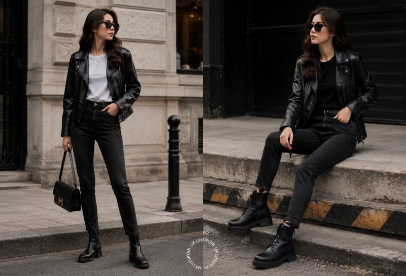 Boot cổ thấp phối áo khoác da và quần jeans đen