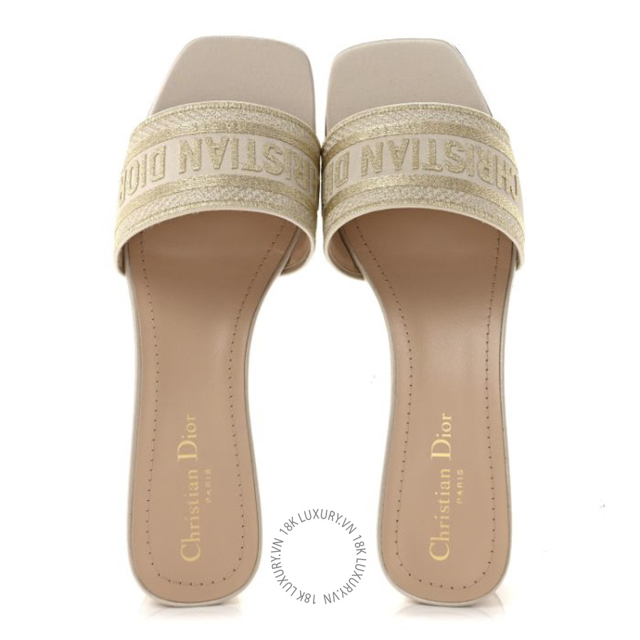 Dép cao gót Christian Dior Metallic Satin Embroidered Dwaymm Slide Sandals Pale Gold BKJ010