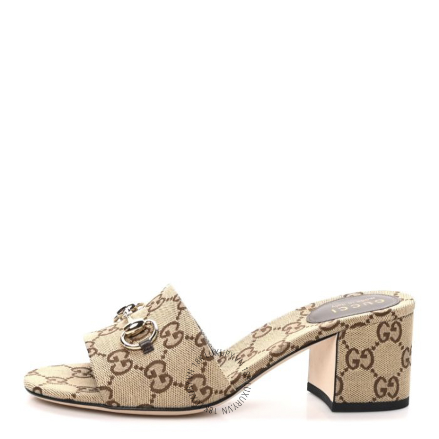 Dép cao gót Gucci GG Monogram Horsebit Slide Sandals Camel Brown TQT016