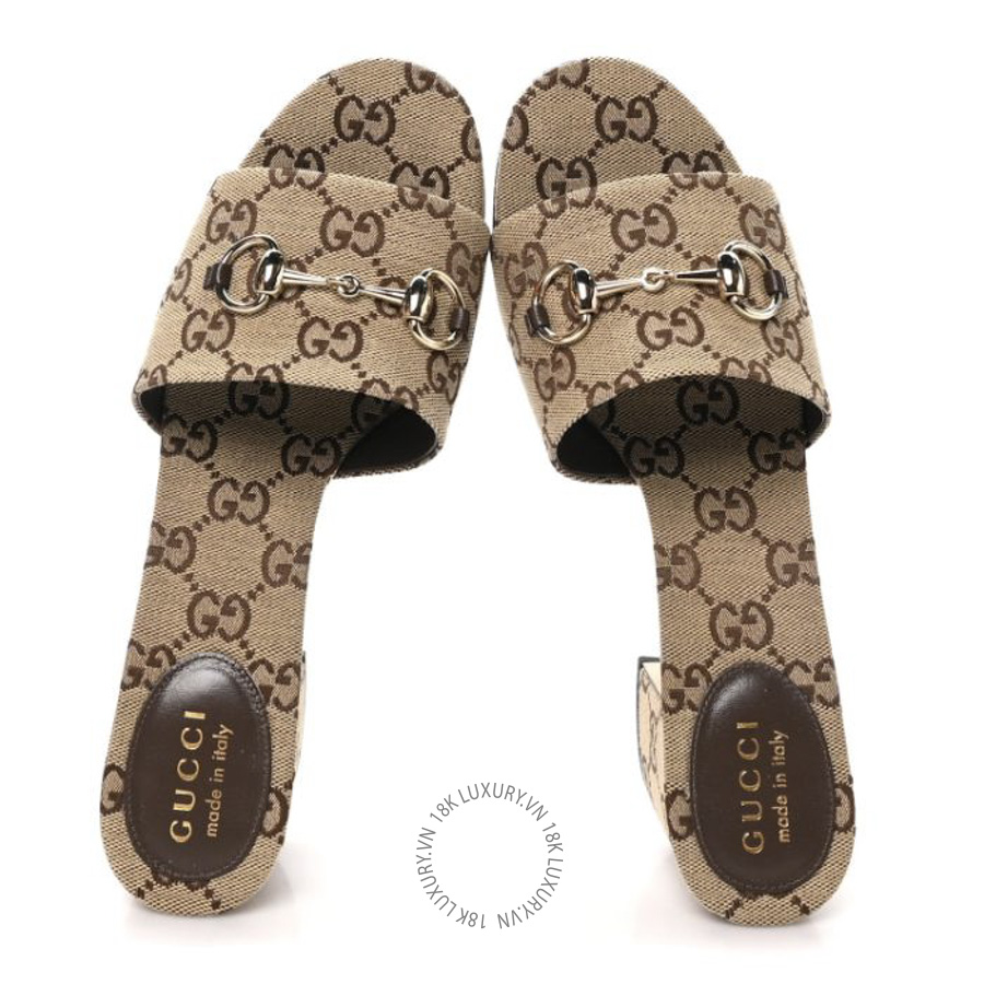 Dép cao gót Gucci GG Monogram Horsebit Slide Sandals Camel Brown TQT016