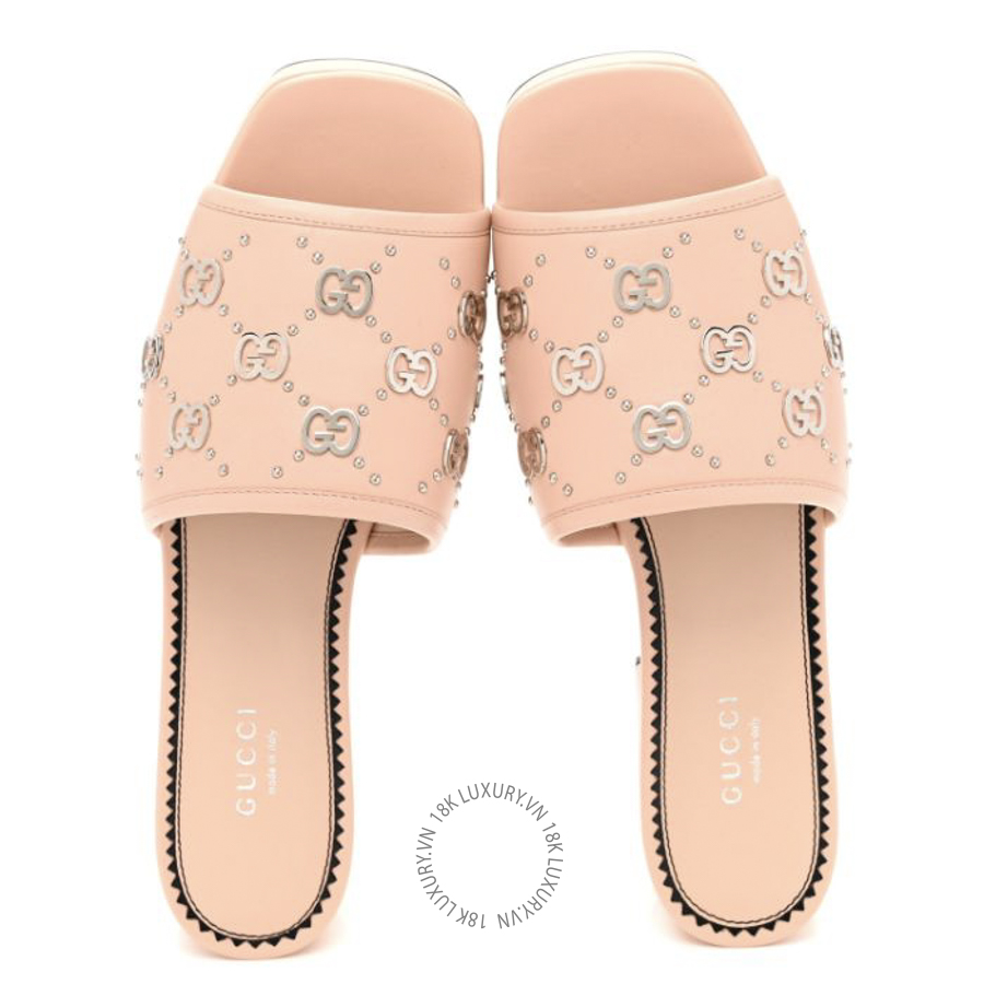 Dép cao gót Gucci Malaga Kid Interlocking G Studs 25/50mm Platform Sandals Perfect Pink TQT264