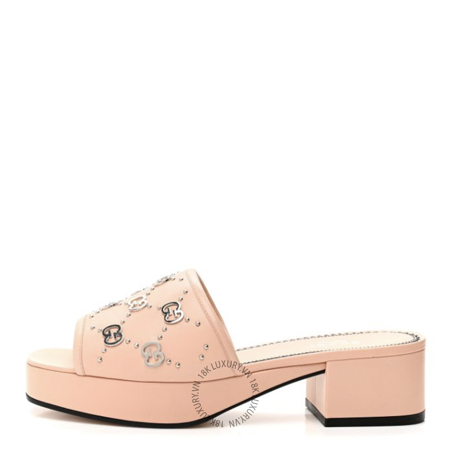 Dép cao gót Gucci Malaga Kid Interlocking G Studs 25/50mm Platform Sandals Perfect Pink TQT264