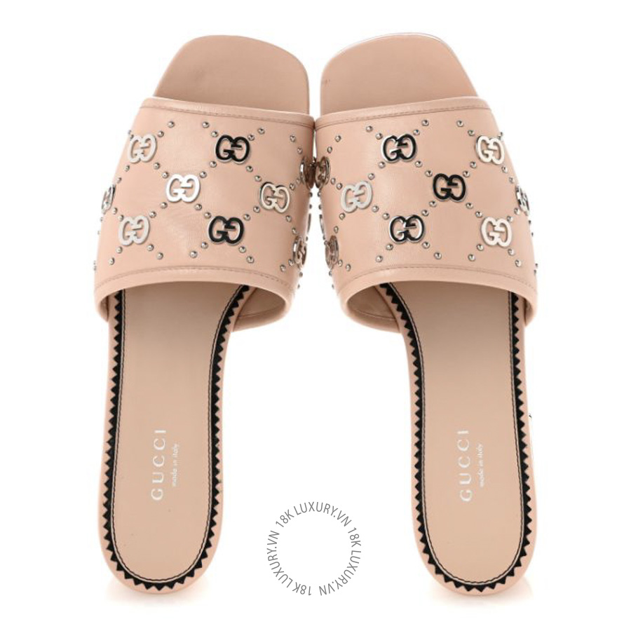 Dép cao gót Gucci Malaga Kid Interlocking G Studs 25/85mm Platform Sandals Perfect Pink TQT253