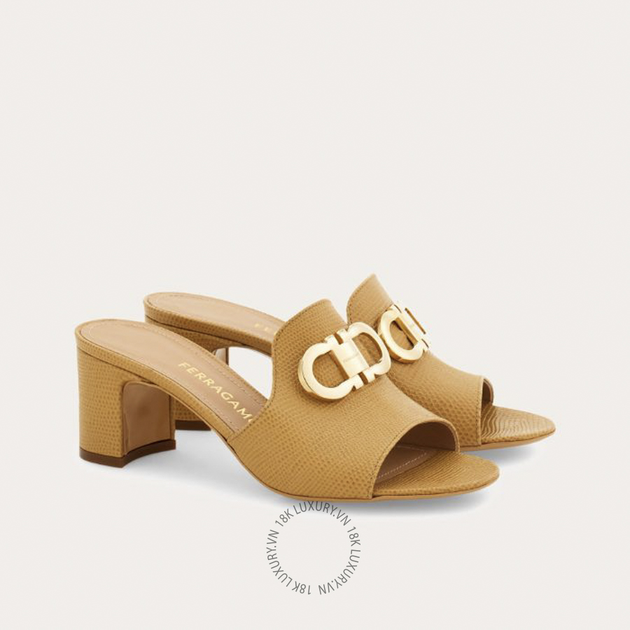 Dép cao gót Salvatore Ferragamo Mid heel slide with Gancini buckle light camel 01L321790345 DSV019