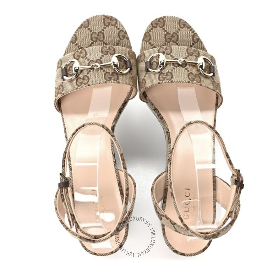 Dép Gucci Monogram Nappa Chalotte Horsebit Ankle Strap 75mm Flatform Sandals Beige Ebony TQT042