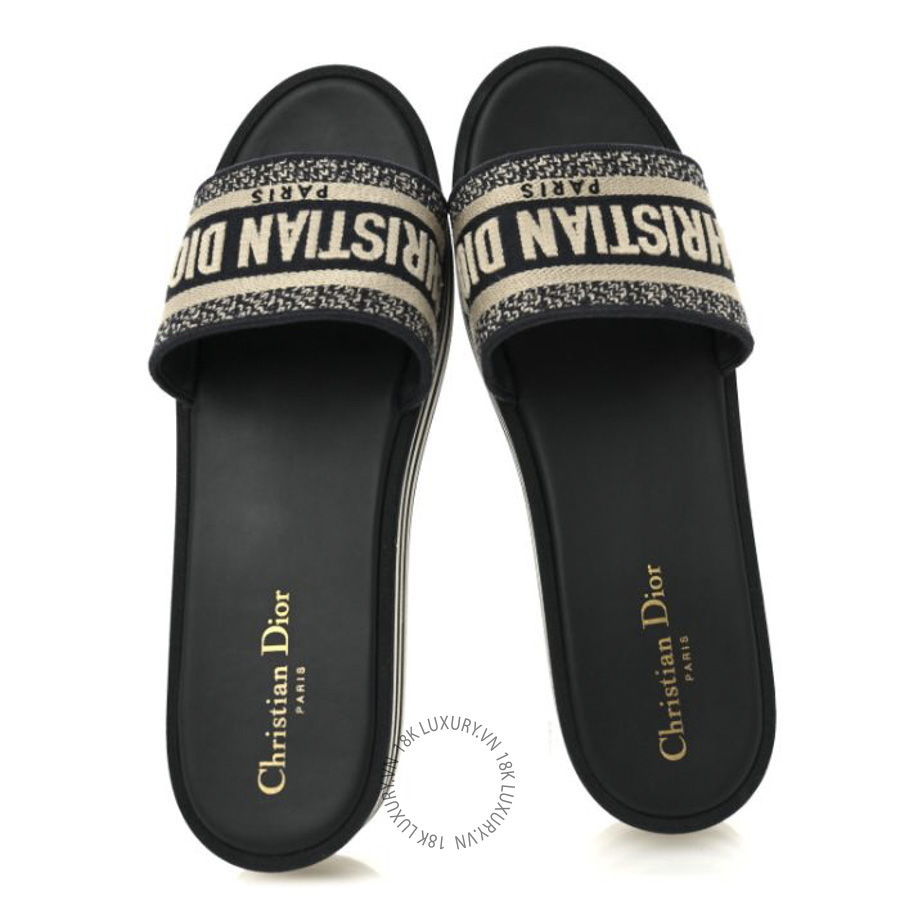 Dép quai ngang Christian Dior Canvas Embroidered D-Way Platform Sandals Deep Blue BKJ053