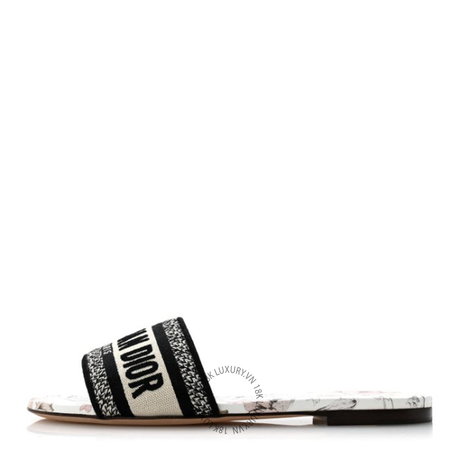 Dép quai ngang Christian Dior Canvas Embroidered Millefiori Dway Flat Slide Sandals Black White Multicolor BKJ043