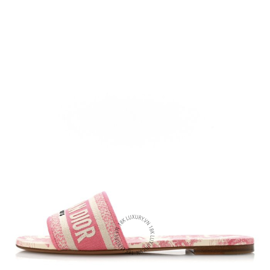 Dép quai ngang Christian Dior Canvas Toile de Jouy Embroidered Dway Flat Slide Sandals Off White Pink BKJ044
