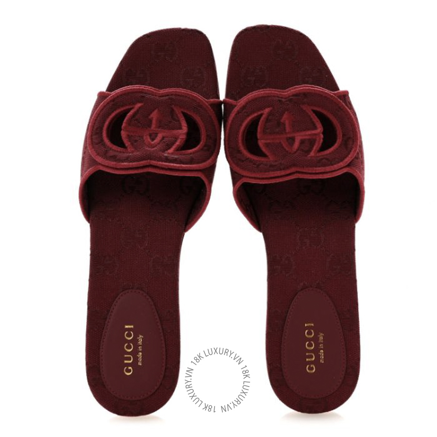 Dép quai ngang Gucci GG Canvas Interlocking G Cut Out Slide Sandals Rosso Ancora TQT200