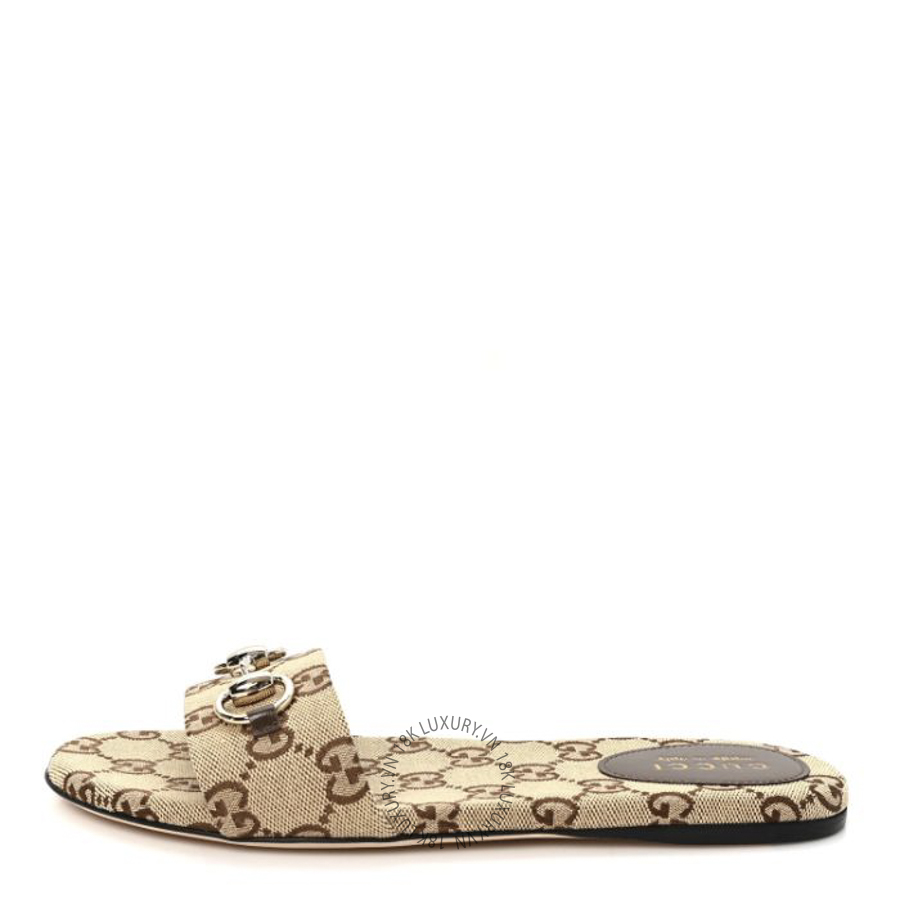 Dép quai ngang Gucci Monogram Horsebit Slide Sandals Camel Ebony TQT188