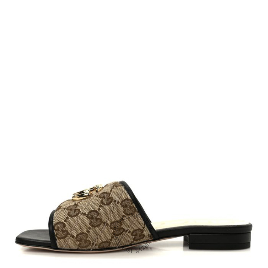 Dép quai ngang Gucci Monogram Matelasse Diagonal GG Marmont Flat Slide Sandals Beige Ebony Black TQT284