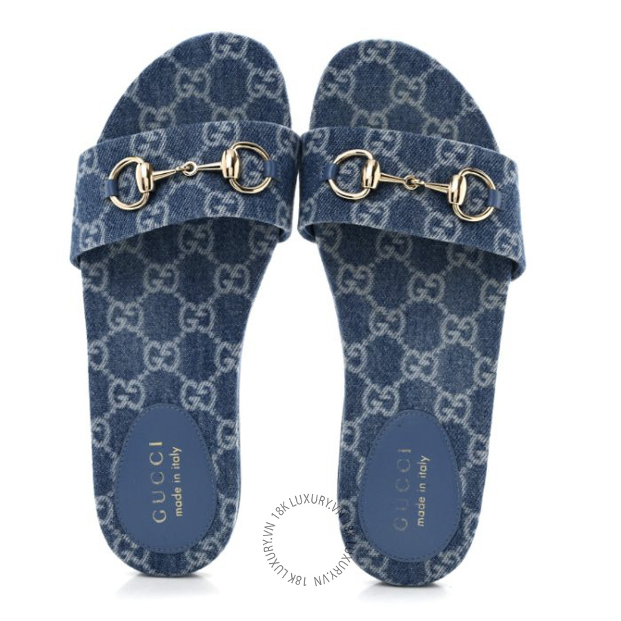 Dép quai ngang Gucci New Denim GG Monogram Horsebit Flat Slide Sandals Blue TQT061