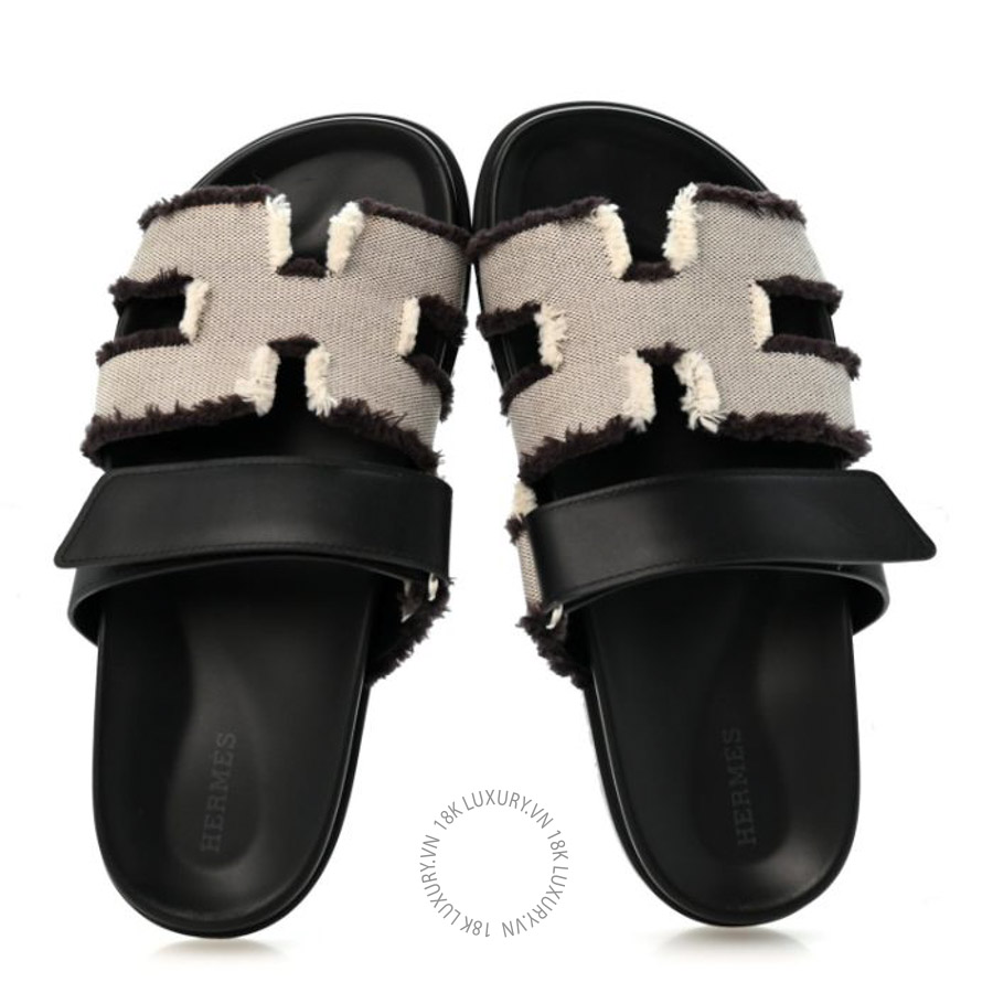 Dép quai ngang Hermes Techno Fringed H Canvas Caflskin Chypre Sandals Prunoir Black FGH112