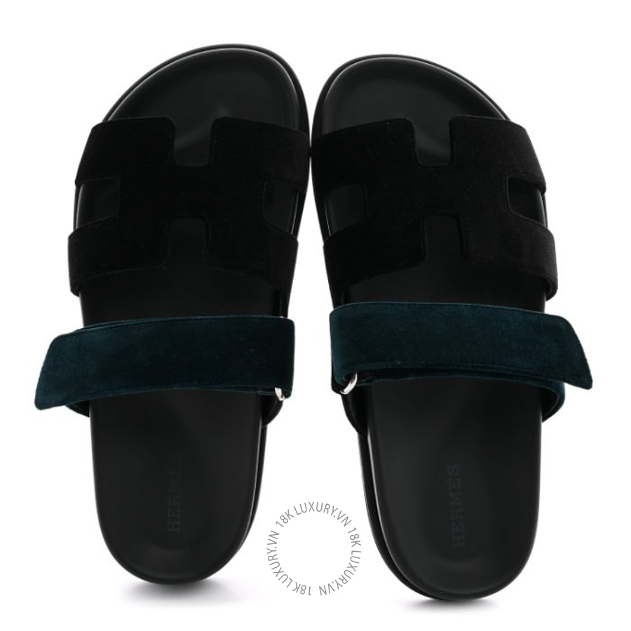 Dép quai ngang Hermes Velvet Chypre Sandals Black Vert Mousse FGH164