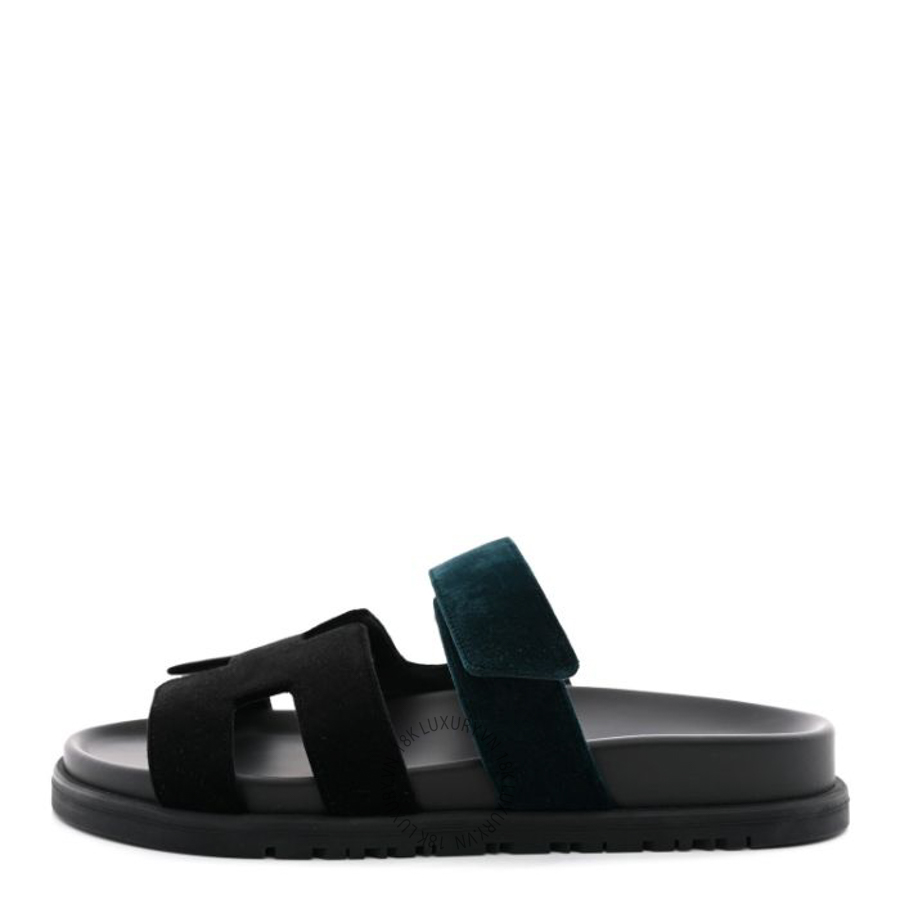Dép quai ngang Hermes Velvet Chypre Sandals Black Vert Mousse FGH164