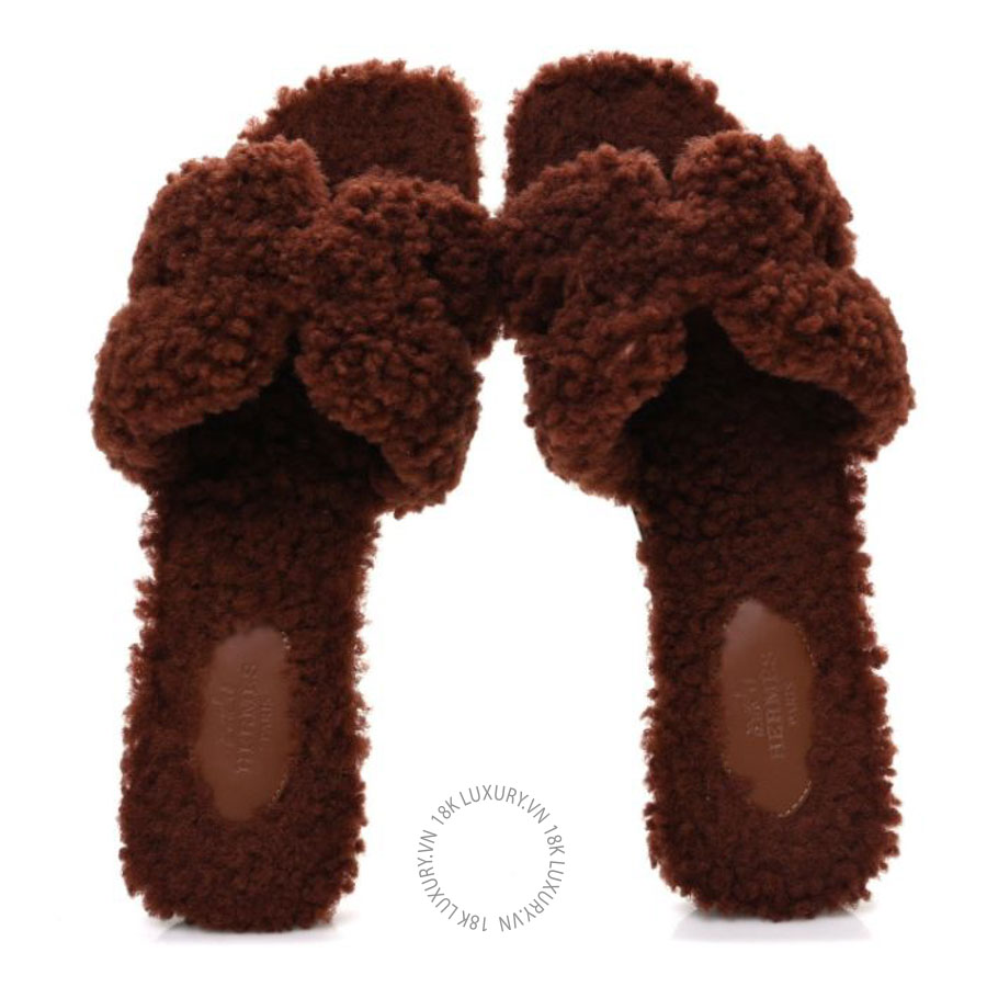 Dép quai ngang Hermes Woolskin Oran Sandals Cognac FGH267