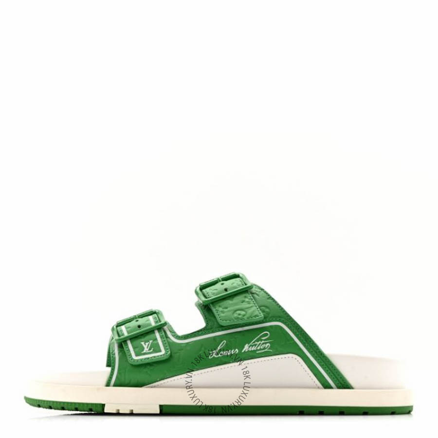 Dép quai ngang Louis Vuitton Calfskin Embossed Mens Script Trainer Mules Green White FPGL078