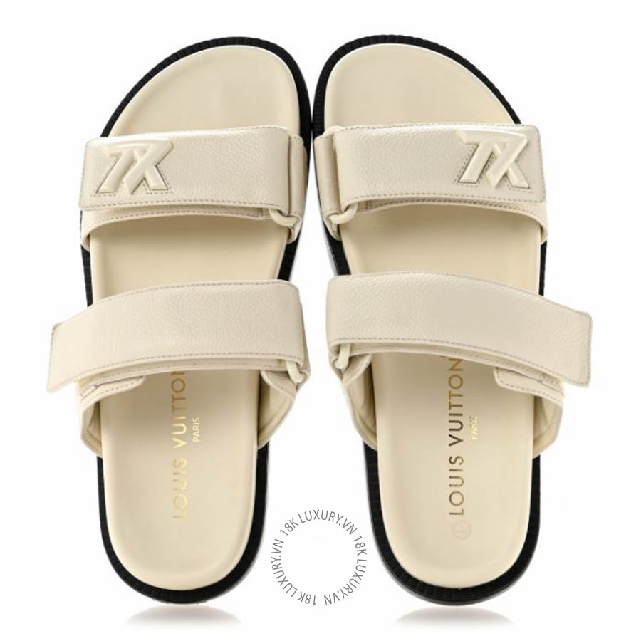 Dép quai ngang Louis Vuitton Grained Calfskin Sunset Comfort Flat Sandals Light Beige FPGL158