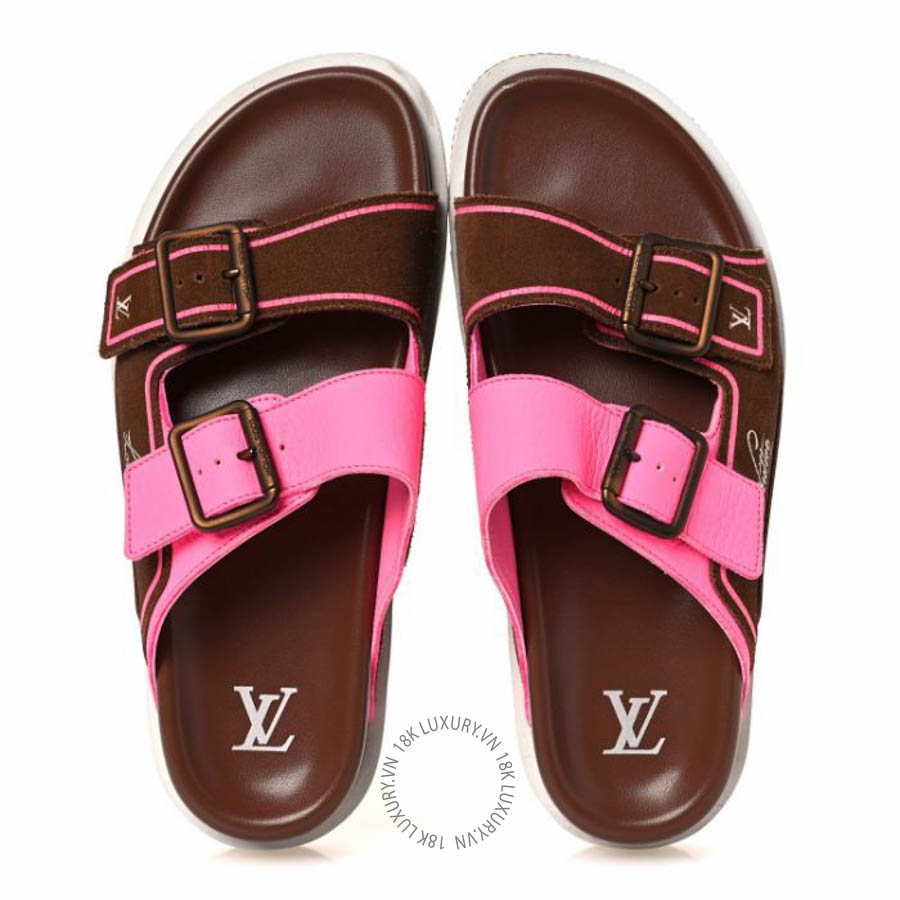 Dép quai ngang Louis Vuitton Mix Materials Mens LV Script Trainer Mules Brown Pink FPGL034