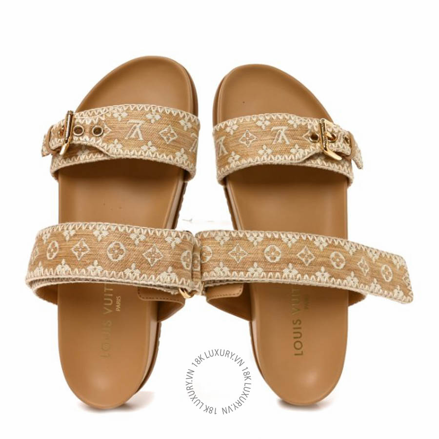 Dép quai ngang Louis Vuitton Raffia Monogram Bom Dia Flat Mule Sandals Natural FPGL126