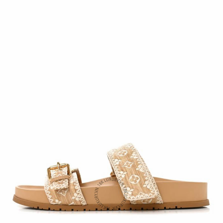 Dép quai ngang Louis Vuitton Raffia Monogram Bom Dia Flat Mule Sandals Natural FPGL126