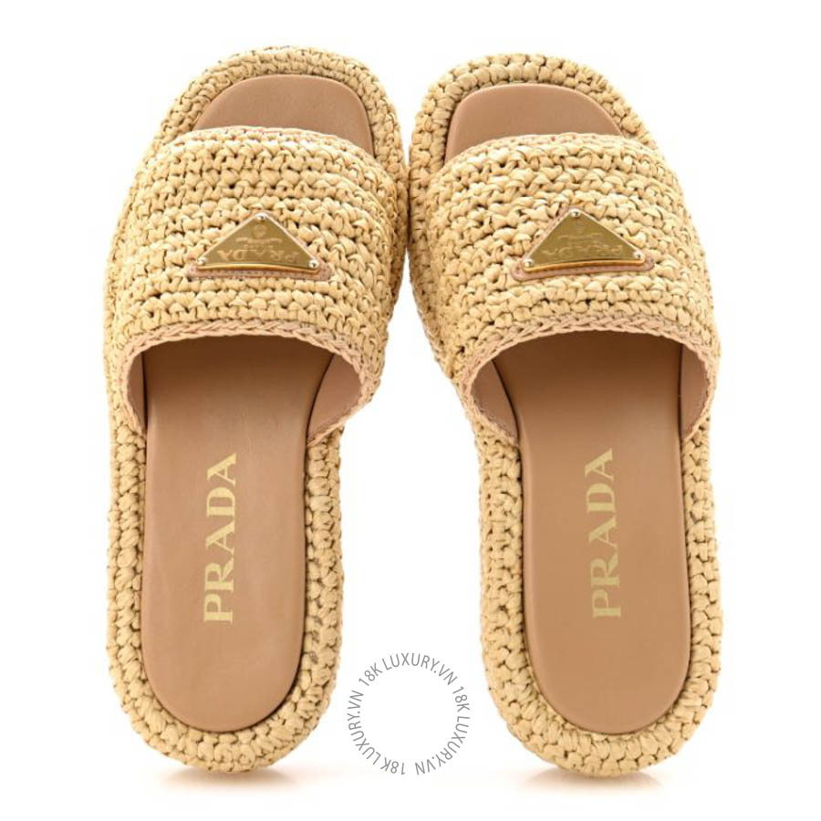Dép quai ngang Prada Raffia Metal Triangle Logo Woven Flatform Slide Sandals Naturale PRG38
