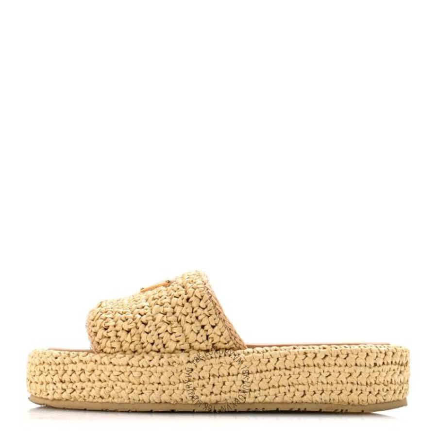 Dép quai ngang Prada Raffia Metal Triangle Logo Woven Flatform Slide Sandals Naturale PRG38