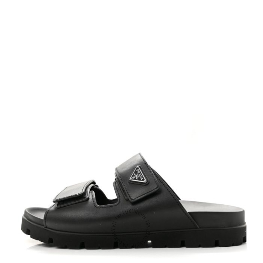 Dép quai ngang Prada Vitello Sport Triangle Logo Mens Strap Sandals Black PRG14