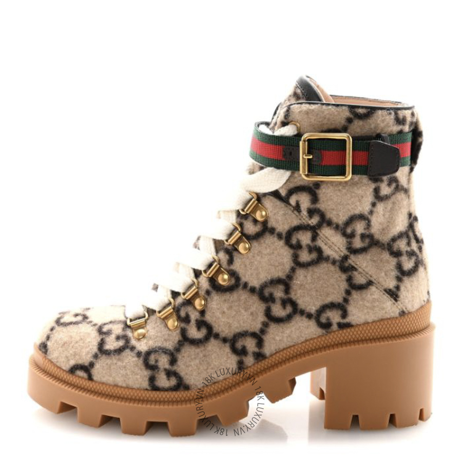 Giày Boot Gucci Covered Wool Big GG Monogram Womens Lace Up Combat Ankle Boots Beige Ebony Cocoa TQT332