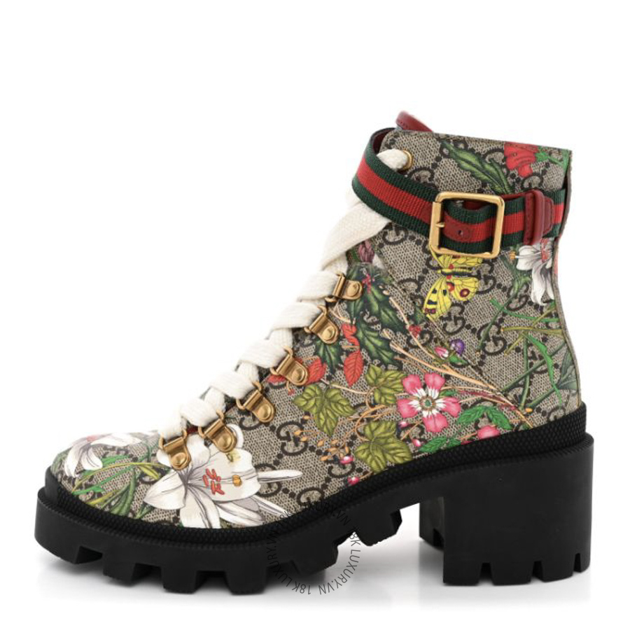 Giày Boot Gucci GG Supreme Monogram Flora Lace Up Combat Ankle Boots Beige Multicolor Red TQT168