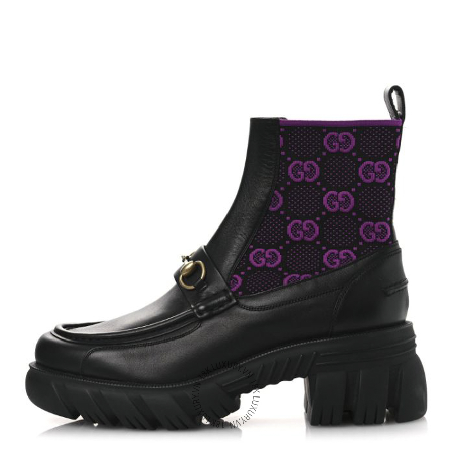 Giày Boot Gucci Quebec Calfskin Technical Jersey Knit GG Monogram Horsebit Ankle Boots Black Fucsia TQT295
