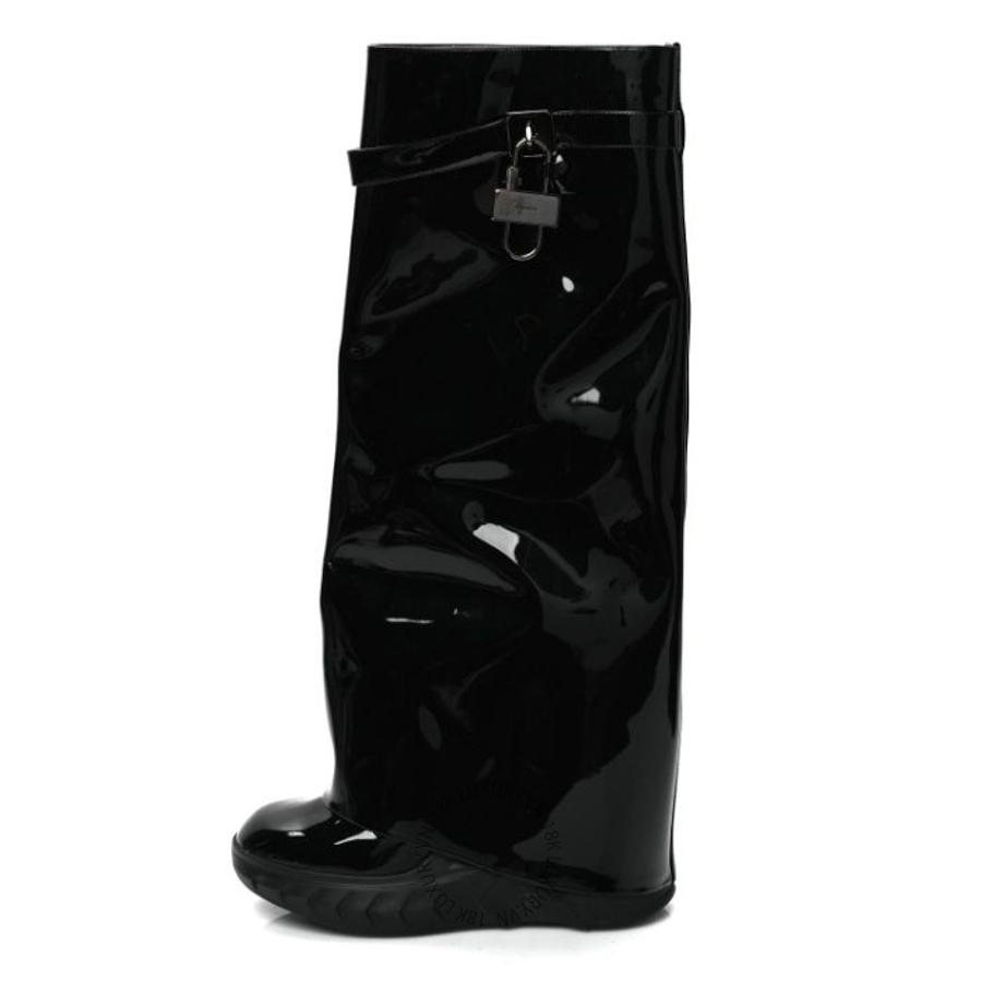 Giày Boots Givenchy Patent Shark Lock Biker Knee Boots Black GVG03