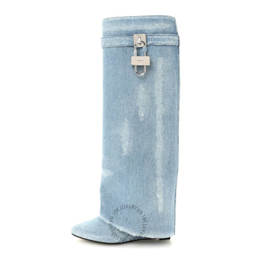Giày Boots Givenchy Washed Denim Shark Lock Pant Boots Blue GVG12