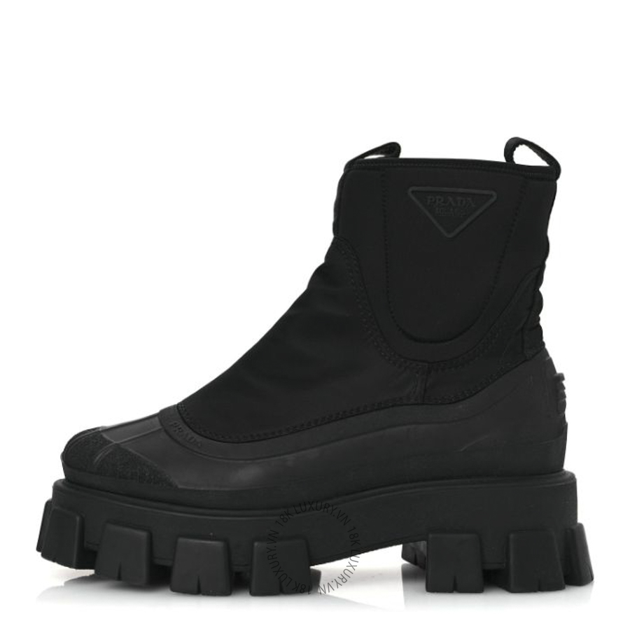 Giày Boots Prada Re-Nylon Gabardine Rubber Triangle Logo Womens Monolith Ankle Boots Black PRG27