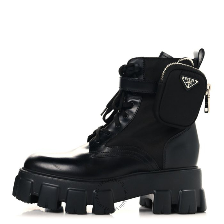 Giày Boots Prada Spazzolato Rois Nylon Metal Triangle Logo Monolith Pouch Pocket Boots Black PRG16