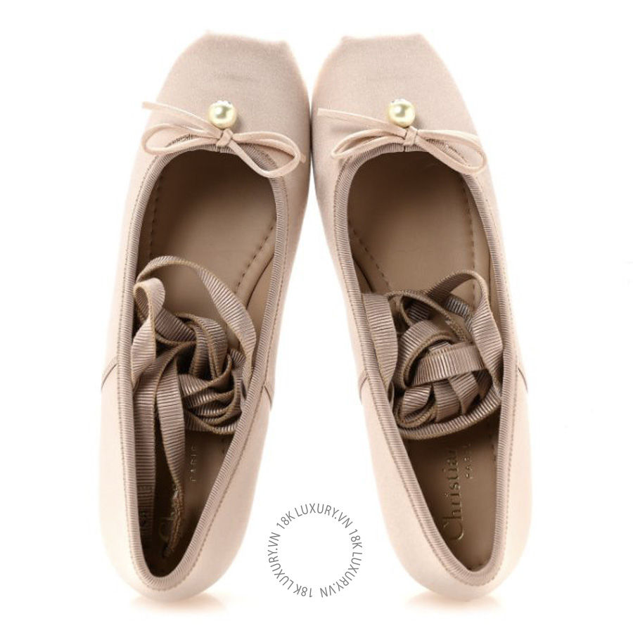 Giày Búp Bê Christian Dior Satin Grosgrain D-Joy Ballet Flats Beige Rose BKJ068