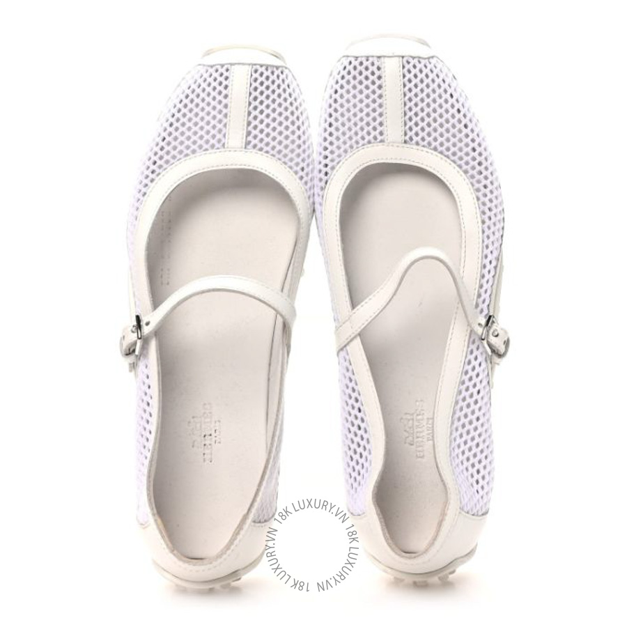 Giày búp bê Hermes Crochet Knit Calfskin Kichu Ballet Flats White FGH151