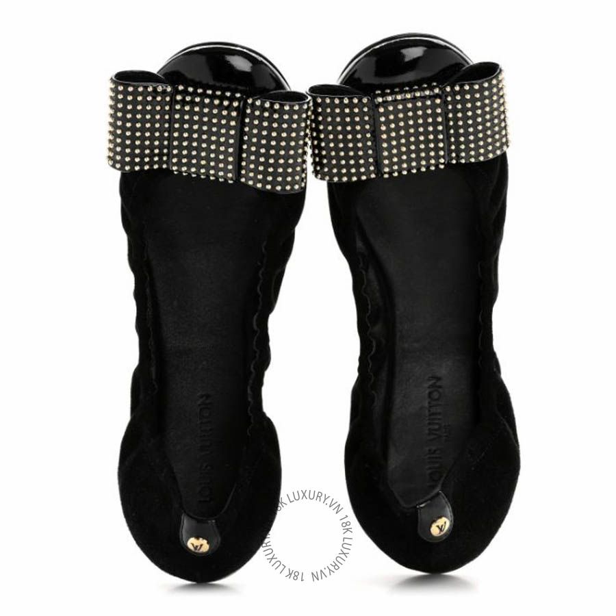 Giày búp bê Louis Vuitton Suede Patent Studded Flirty Ballerina Bow Flats Black FPGL020